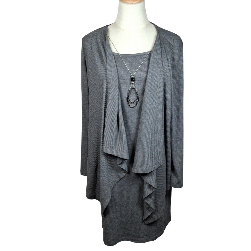 Jessica Howard Gray Ribbed Knit Sweater Dress Set w/ Cardigan and Necklace Sz 14
